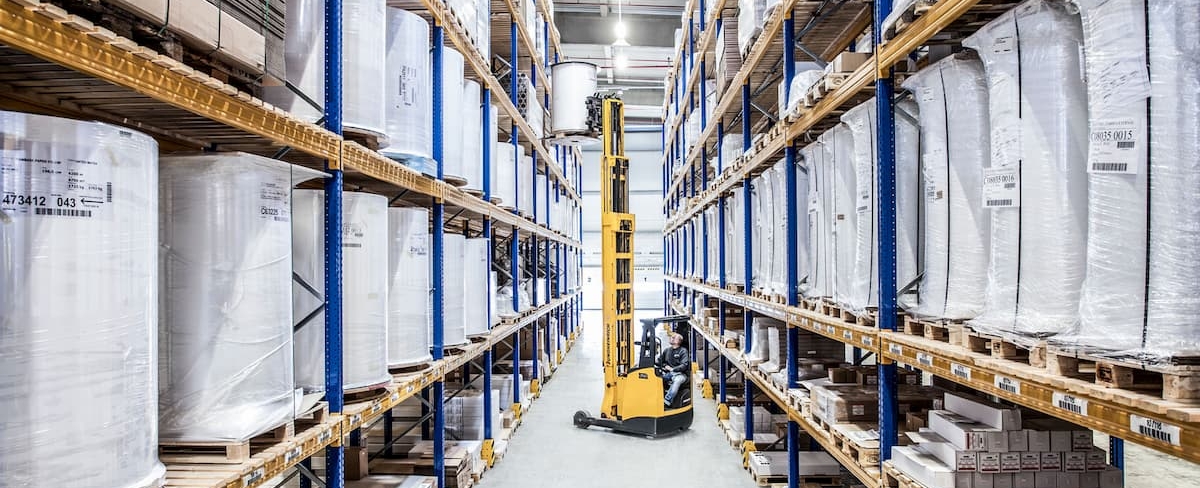 Forklift in high bay warehouse