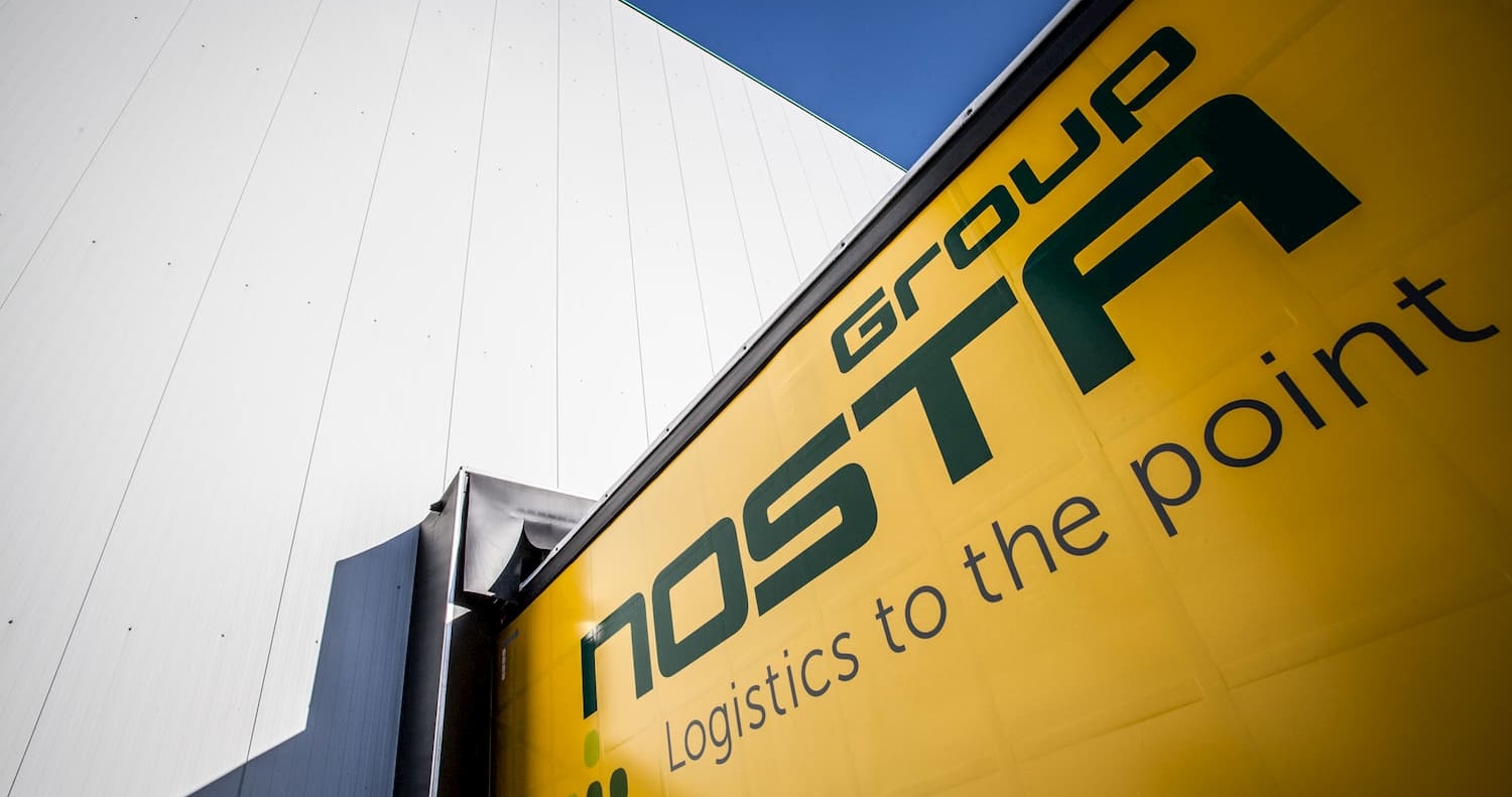 Detail of truck tarpaulin with NOSTA Group logo
